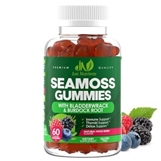Bottle of Seamoss Gummies with berries.