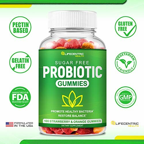 Sugar-free probiotic gummies bottle with health benefits icons