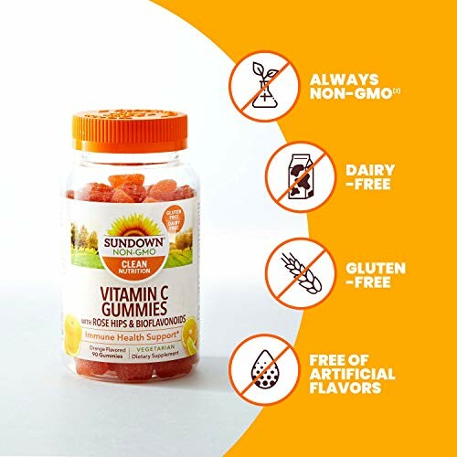 Sundown Vitamin C Gummies with non-GMO, dairy-free, gluten-free, and artificial flavor-free labels.