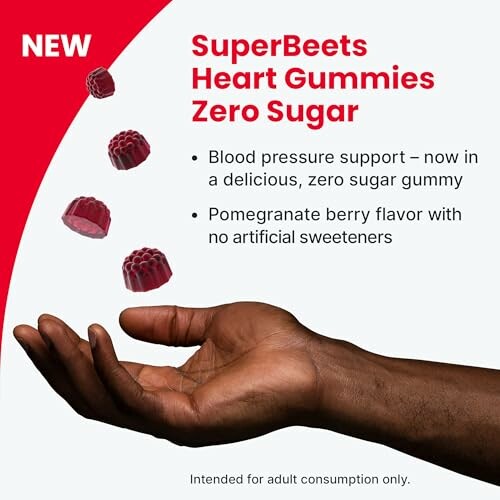SuperBeets Heart Gummies Zero Sugar with pomegranate flavor and no artificial sweeteners.