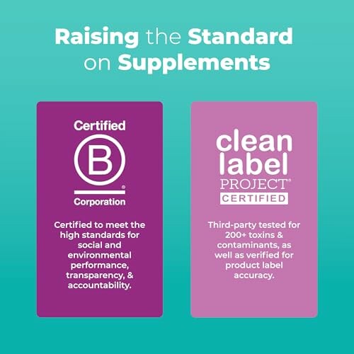 Image highlighting Certified B Corporation and Clean Label Project certifications for supplements.