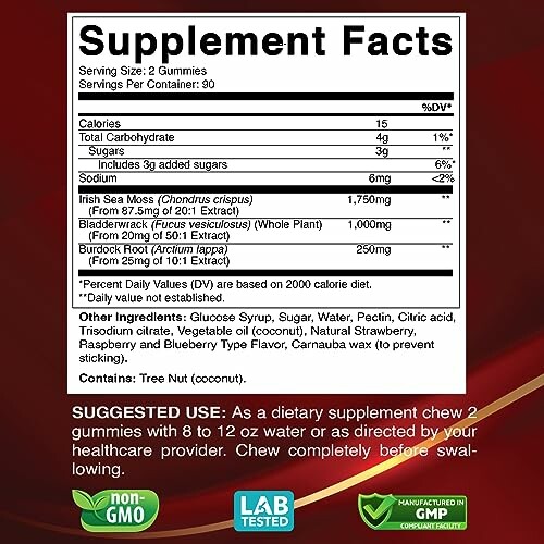 Supplement facts label for gummies with ingredients and suggested use.