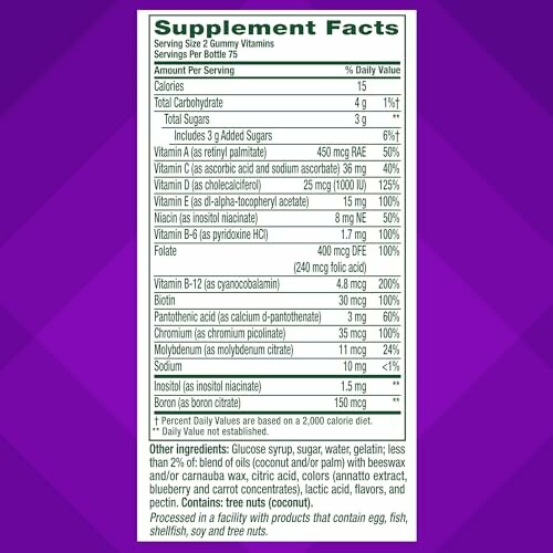 Supplement facts label for gummy vitamins with nutritional information.