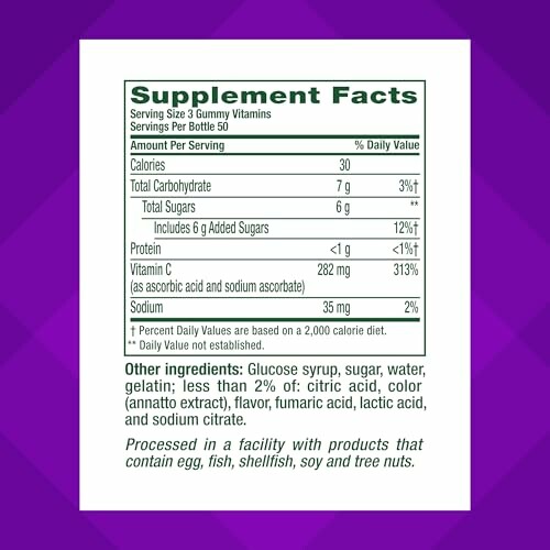 Supplement facts label for gummy vitamins.