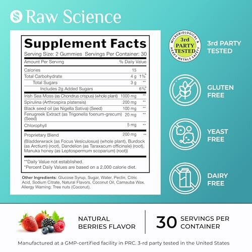 Supplement facts label for gummies with natural berries flavor.