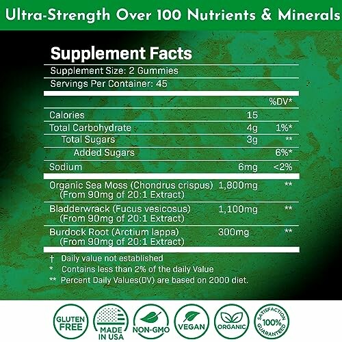 Supplement facts of ultra-strength nutrients and minerals with organic ingredients.