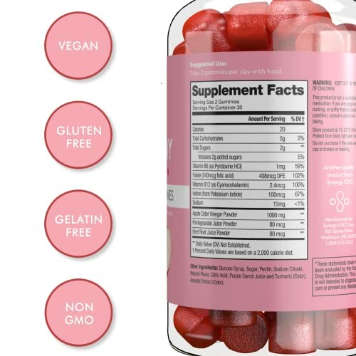 Bottle of supplement gummies with labels vegan, gluten-free, gelatin-free, and non-GMO.