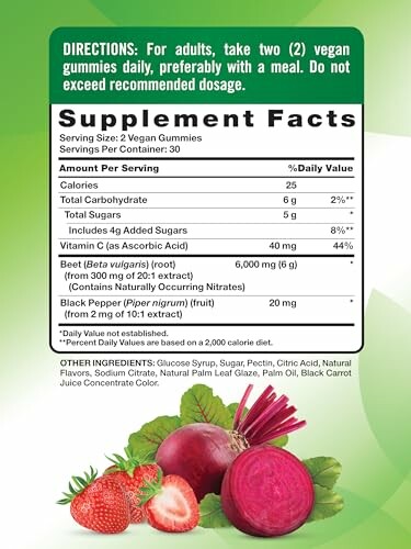 Supplement facts for vegan gummies with ingredients and daily values.