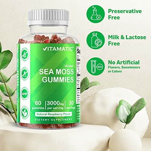Bottle of Vitamatic Vegan Sea Moss Gummies with health claims.
