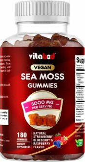 Vegan sea moss gummies bottle with 3000 mg per serving label.
