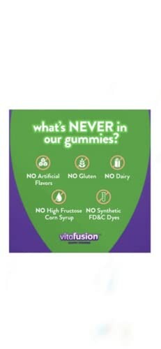 Vitafusion gummies ingredients list with no artificial flavors, gluten, dairy, high fructose corn syrup, or synthetic dyes.