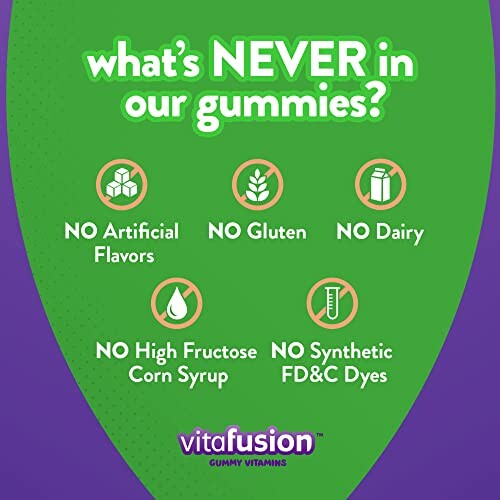 Vitafusion gummies with no artificial flavors, gluten, dairy, high fructose corn syrup, or synthetic dyes.