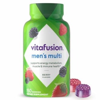 Vitafusion men's multi gummies bottle with assorted berry flavors.