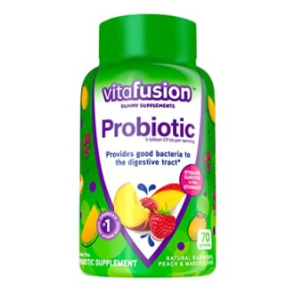 Vitafusion Probiotic gummy supplements bottle with fruit design.