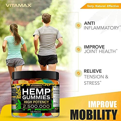 Vitamax Hemp Gummies promotional image highlighting benefits like anti-inflammatory, improved joint health, and stress relief.