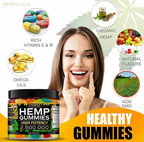 Vitamax Hemp Gummies promotion with benefits and ingredients.