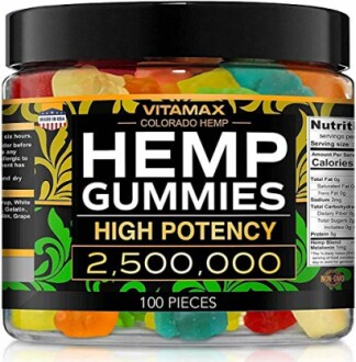Jar of Vitamax high potency hemp gummies with nutritional info.