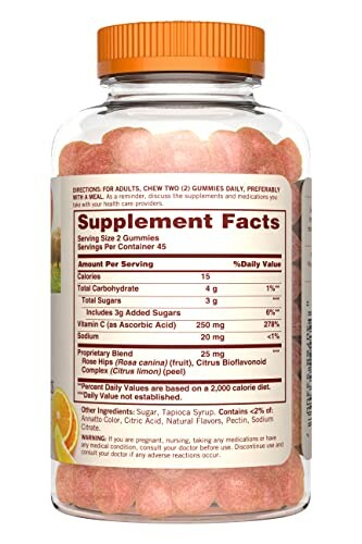 Bottle of Vitamin C gummies with supplement facts label.
