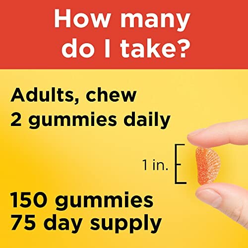 Dosage instructions for vitamin gummies, showing a hand holding a gummy.