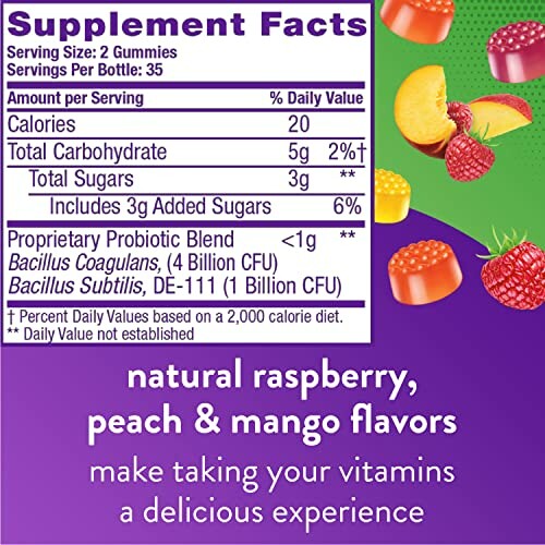 Supplement facts for gummies with raspberry, peach, and mango flavors.