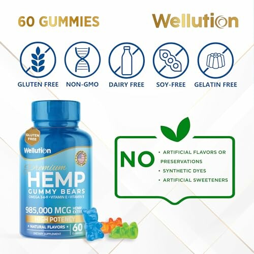 Wellution Hemp Gummies with gluten-free, non-GMO, dairy-free, soy-free, gelatin-free labels.