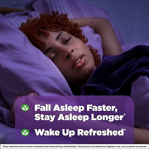 Woman sleeping peacefully in bed with sleep benefits text.