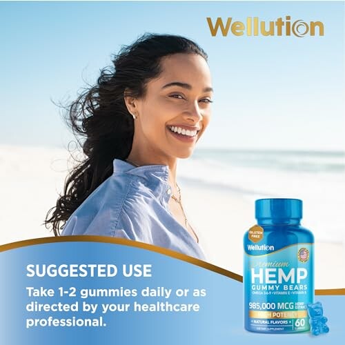 Smiling woman with Wellution hemp gummy bears on beach