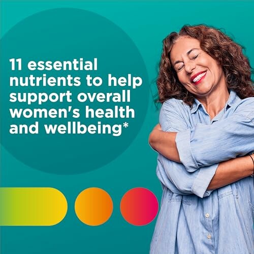 Smiling woman embracing herself with text about essential nutrients for women's health.