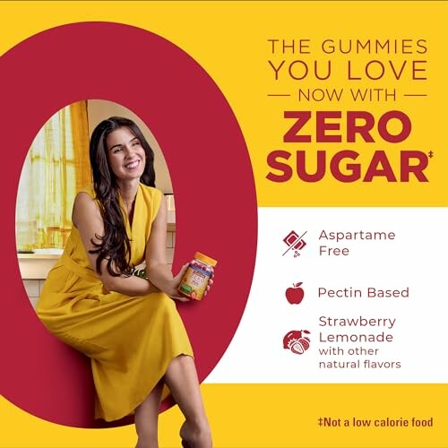 Woman in yellow dress holding zero sugar gummies with product features highlighted.